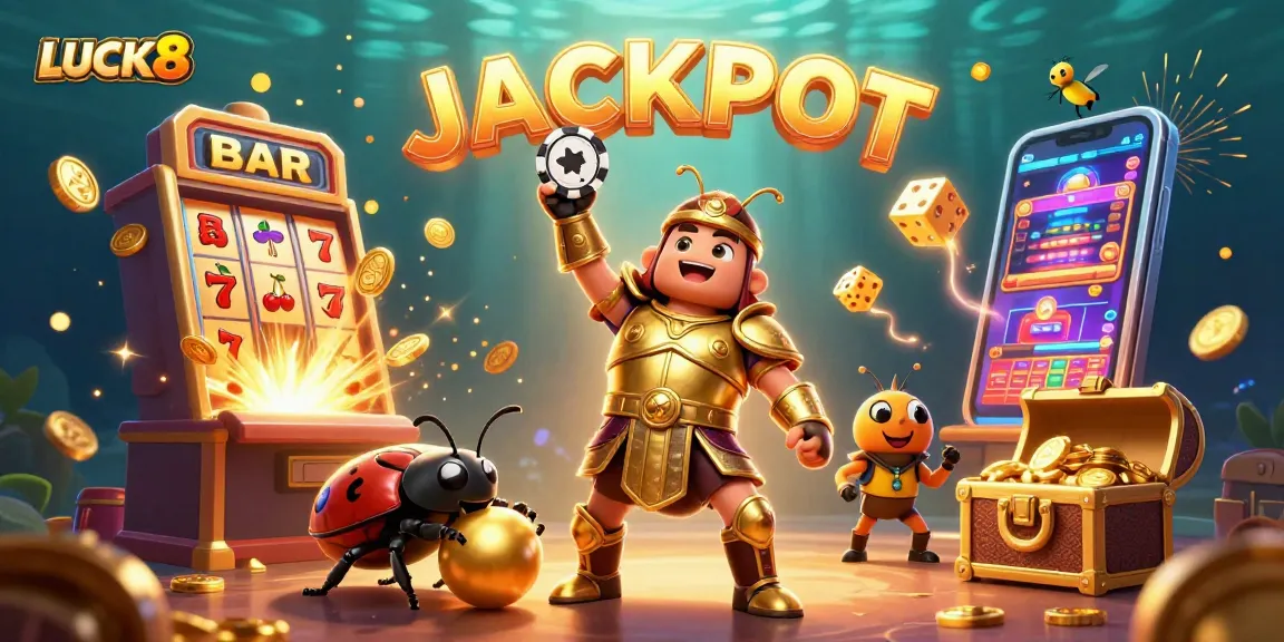 Experience LUCK8 excitement with a heroic beetle winning a jackpot surrounded by vibrant casino elements.