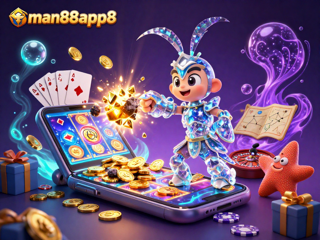Experience man88app8 with dynamic slots and 3D characters facing a vibrant casino backdrop.