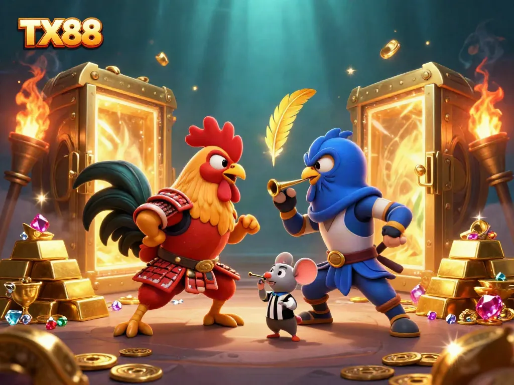 Engage in exciting battles at TX88 with dynamic roosters in armor amidst treasures.