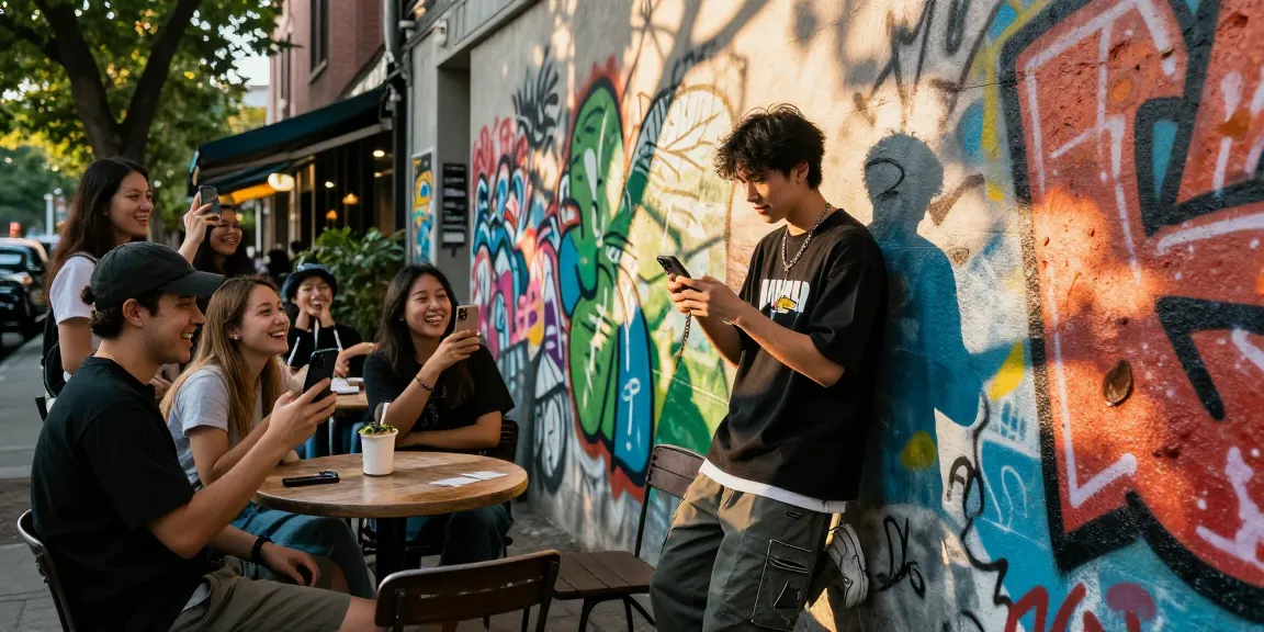 Deutsche Instagram-Follower kaufen: Influencer interagiert mit Freunden in urbanem Setting.