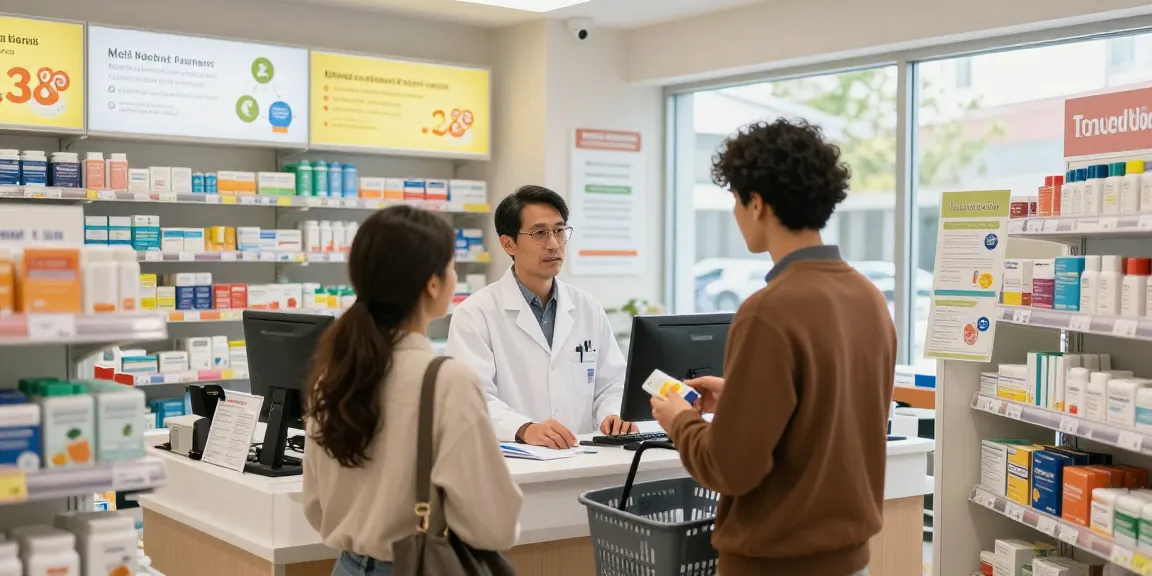 Kunde berät sich mit Apotheker im Medi Pharma Shop in einer einladenden Verkaufsumgebung.