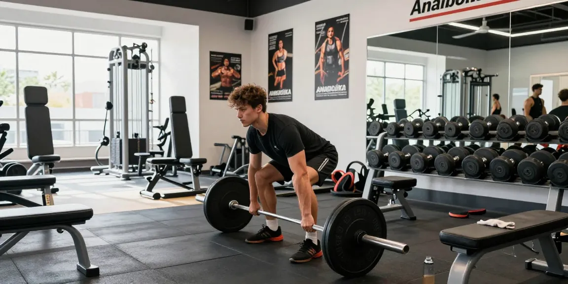 Anabolika Shop fitness training session showcasing an athlete performing a deadlift in a modern gym environment.