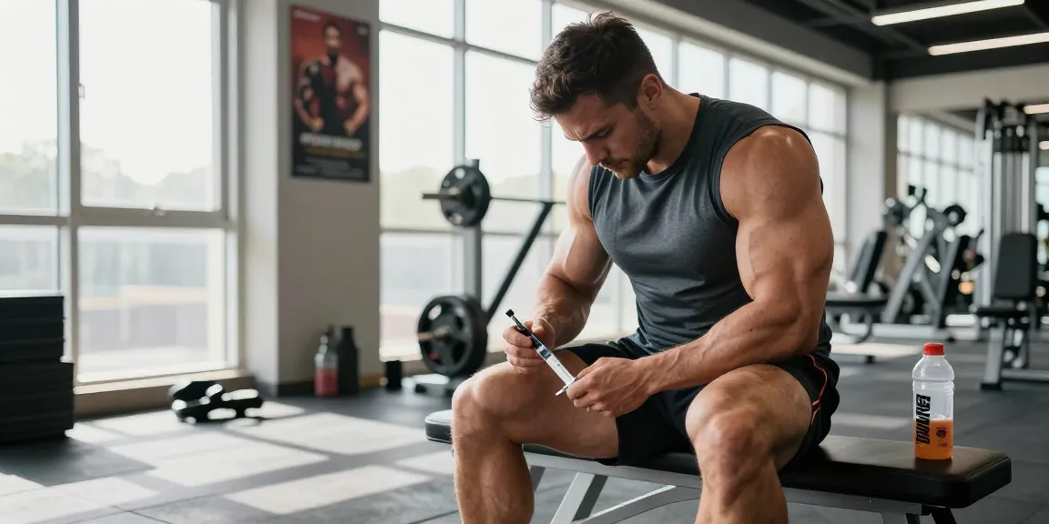 Anabolic steroid injection in gym at Anabolika Shop setting for bodybuilding.