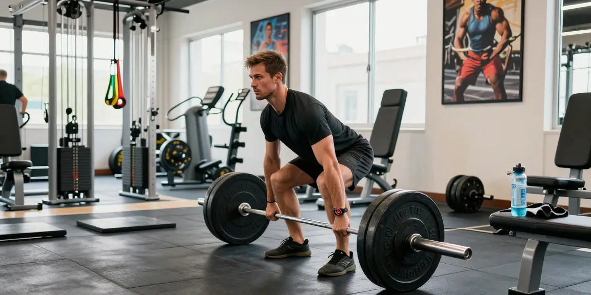 Anabolika Shop Deutschland, der einen engagierten Bodybuilder zeigt, der im lebhaften Fitnessstudio Kreuzheben ausführt und Stärke sowie Fitness betont.