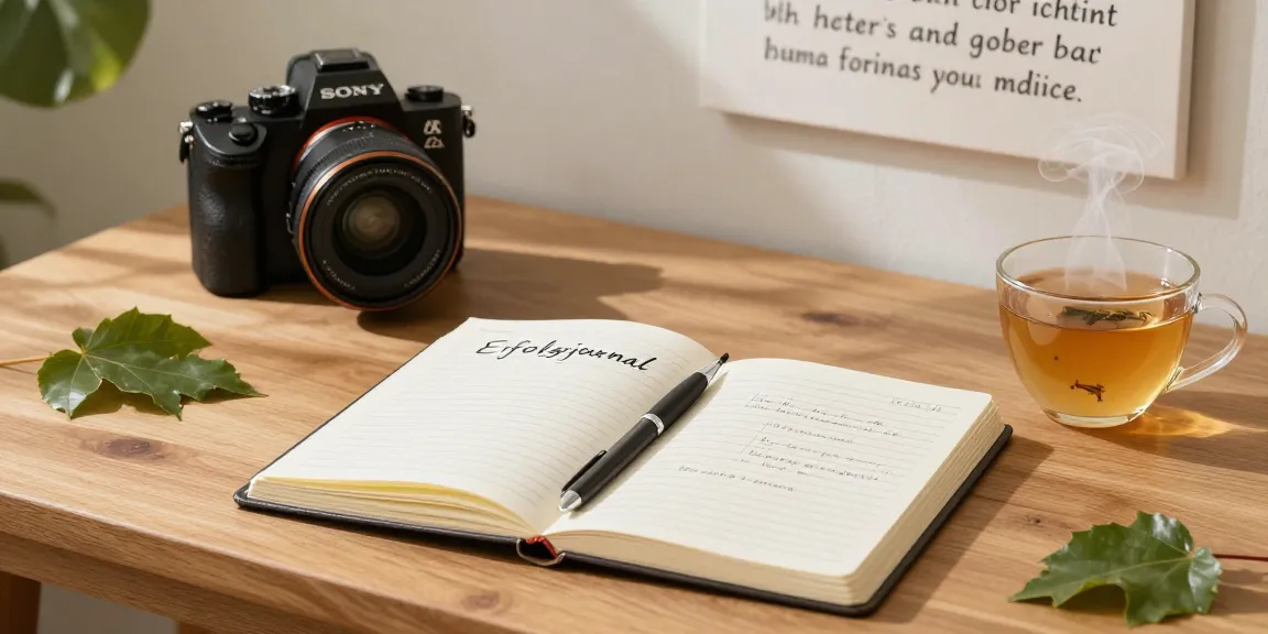 Junge Frau mit Erfolgsjournal in einem inspirierenden Raum, umgeben von Pflanzen und warmem Licht.