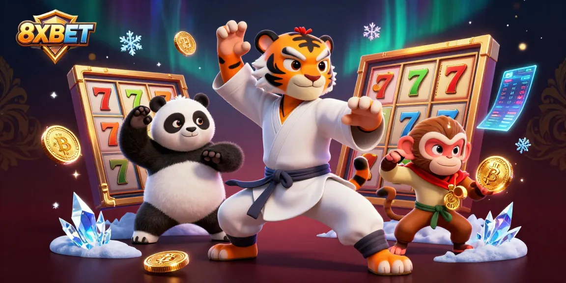 Engage with 8XBET's dynamic casino adventure featuring animated characters amidst sparkling slot reels and crypto elements.