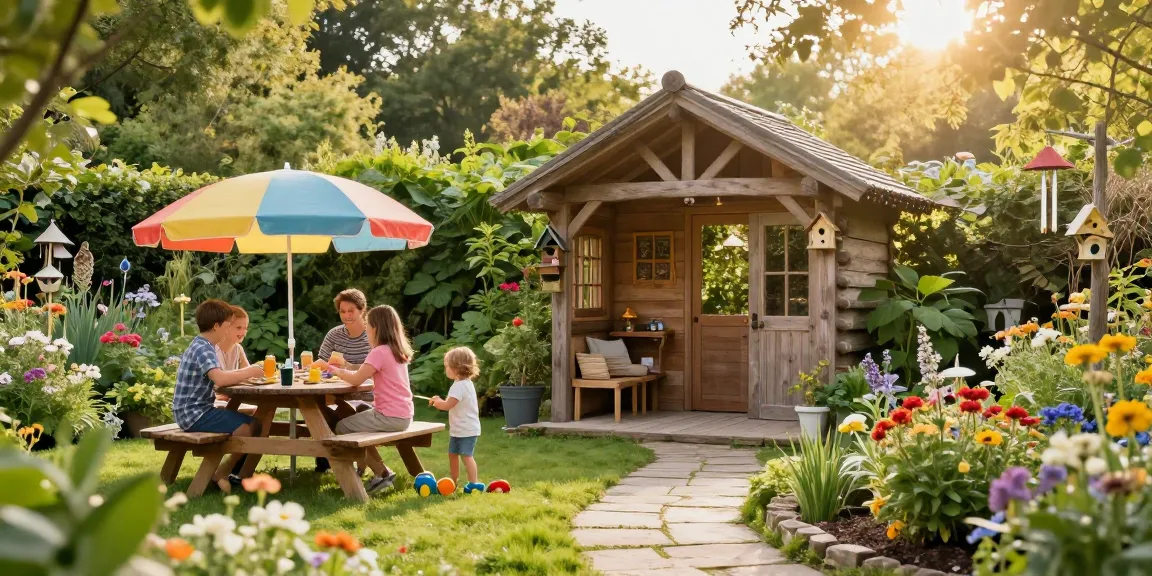 Ein hochwertiges Gartenhaus umgeben von blühenden Pflanzen und einer einladenden Picknick-Szene.