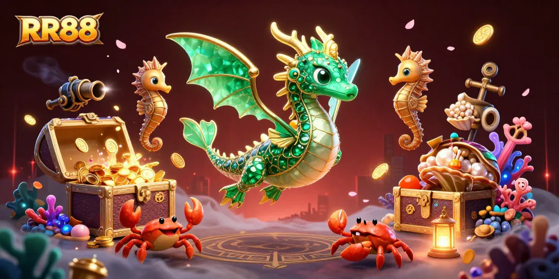 RR88 casino image showcasing vibrant underwater treasures and dragon characters interacting with gaming elements.