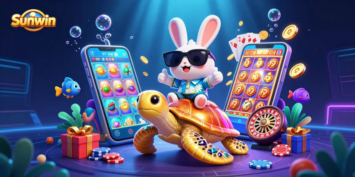 Engage in thrilling gameplay at Sunwin with a cheerful rabbit and golden turtle amid exciting casino elements.