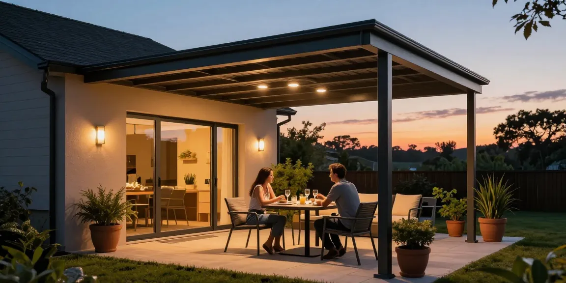 Moderne Terrassenüberdachung mit Paar, das bei Sonnenuntergang entspannt.