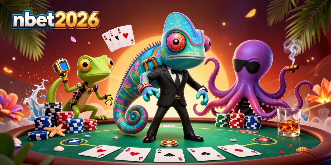 Strategically play at nbet2026 with a colorful casino scene featuring characters and poker elements.