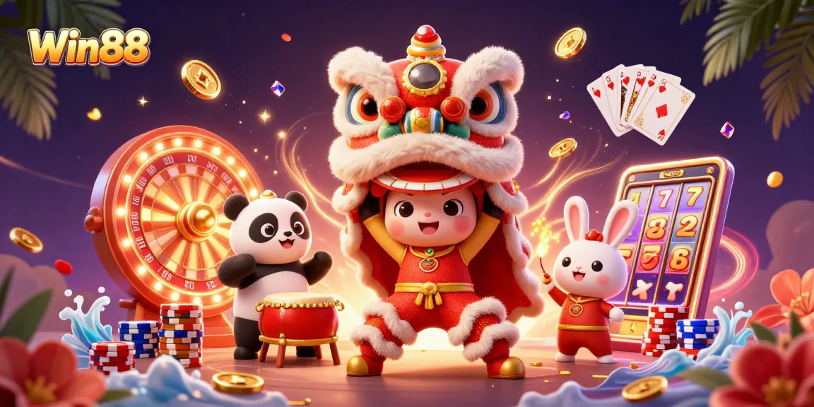 Experience the thrill of Win88 with a lively illustration of lion dance, coins, and casino elements