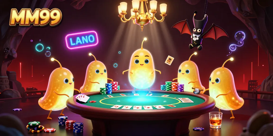MM99 glowworms illuminate a vibrant cave casino scene with poker elements, enhancing immersive gaming.