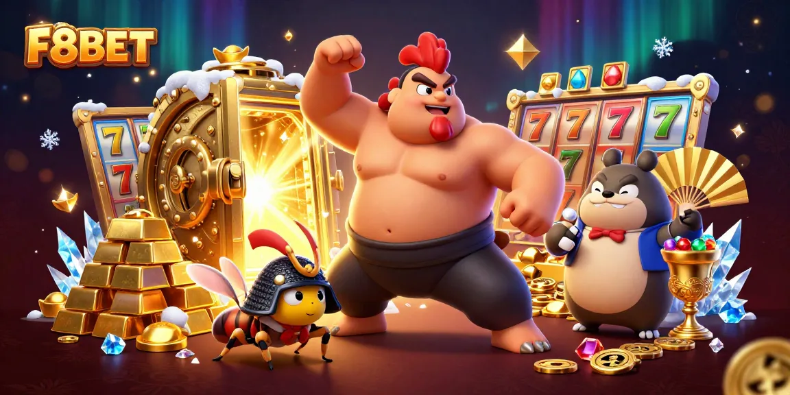 Engage with F8BET's thrilling casino experience featuring dynamic 3D characters and gold treasures.