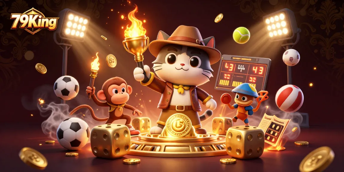 79King casino adventure with a cat archaeologist exploring treasures and dynamic sports betting elements.