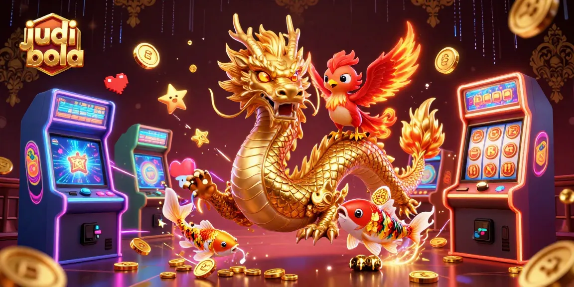 Taruhan judi bola dengan visual menarik dari naga emas, phoenix merah, dan koin keberuntungan, menciptakan atmosfer kasino yang menakjubkan.