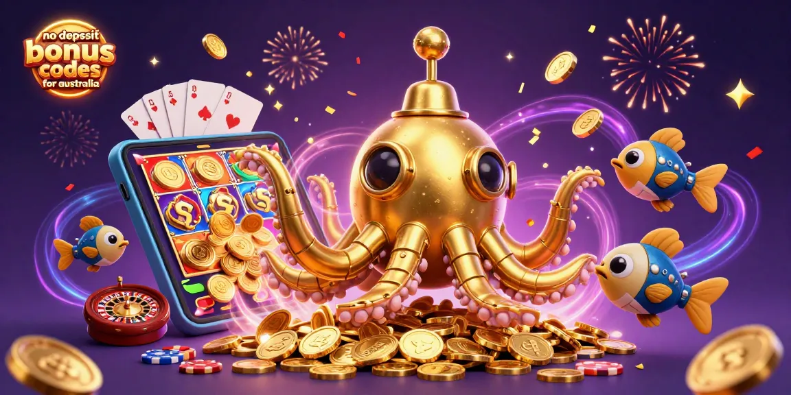 No deposit bonus codes for australia seen in a vibrant 3D scene featuring a golden kraken submarine amidst golden coins.