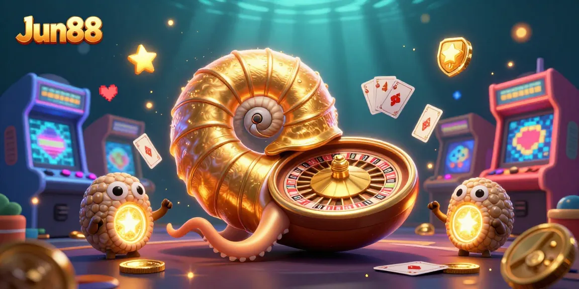 Experience Jun88's thrilling gaming atmosphere featuring a golden spiral roulette wheel and interactive cards.
