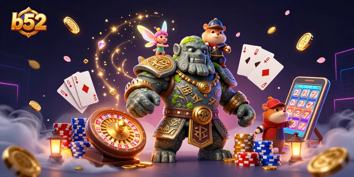 B52 slot game magic illustrated with a golem, fairy, and hamster knight amidst gambling elements.
