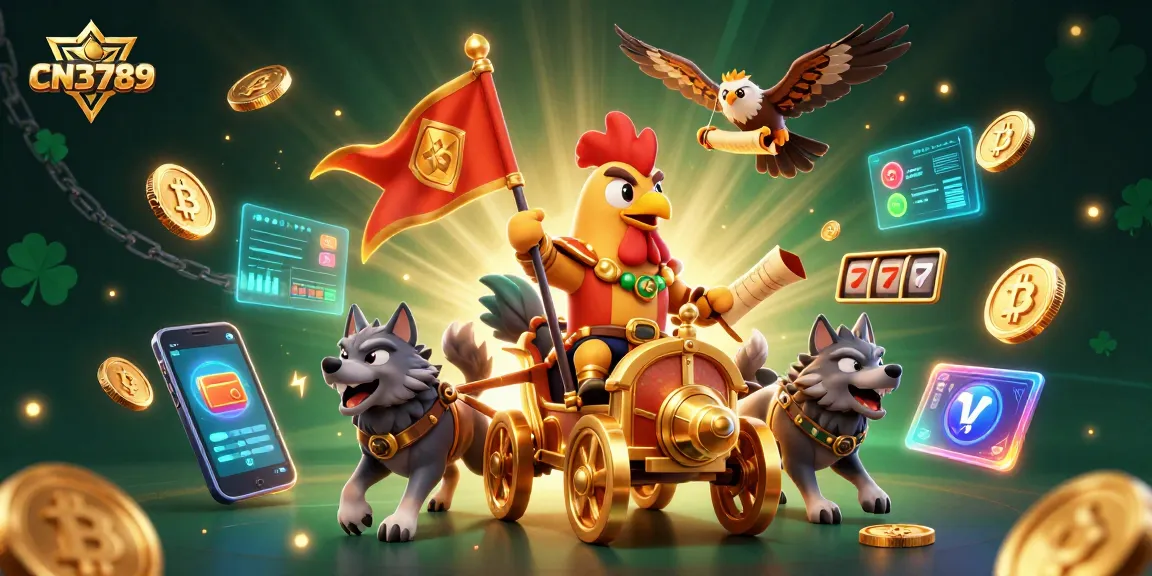 Engage in electrifying gaming with CN3789's 3D cartoon rooster warlord in a golden chariot, surrounded by vibrant casino elements.