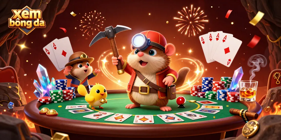 Xem bóng đá with a cartoon mole and canary in a rich casino scene filled with poker elements and gold.