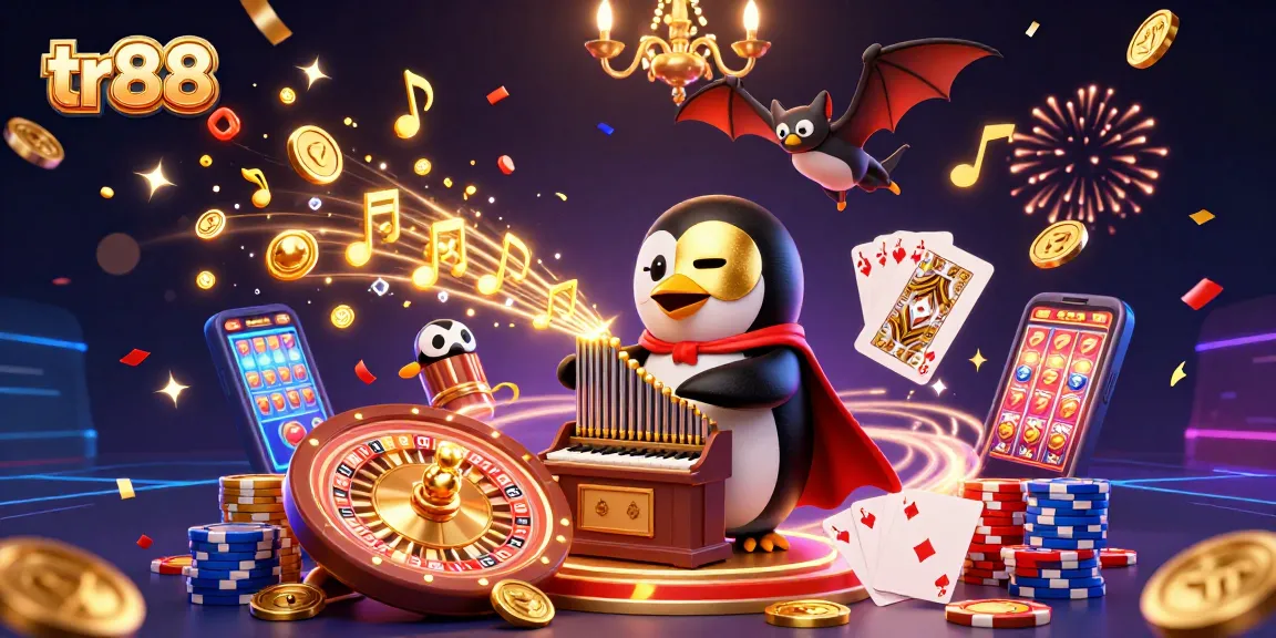 Experience excitement at tr88 casino with a phantom penguin organist amidst golden coins and vibrant gaming elements.