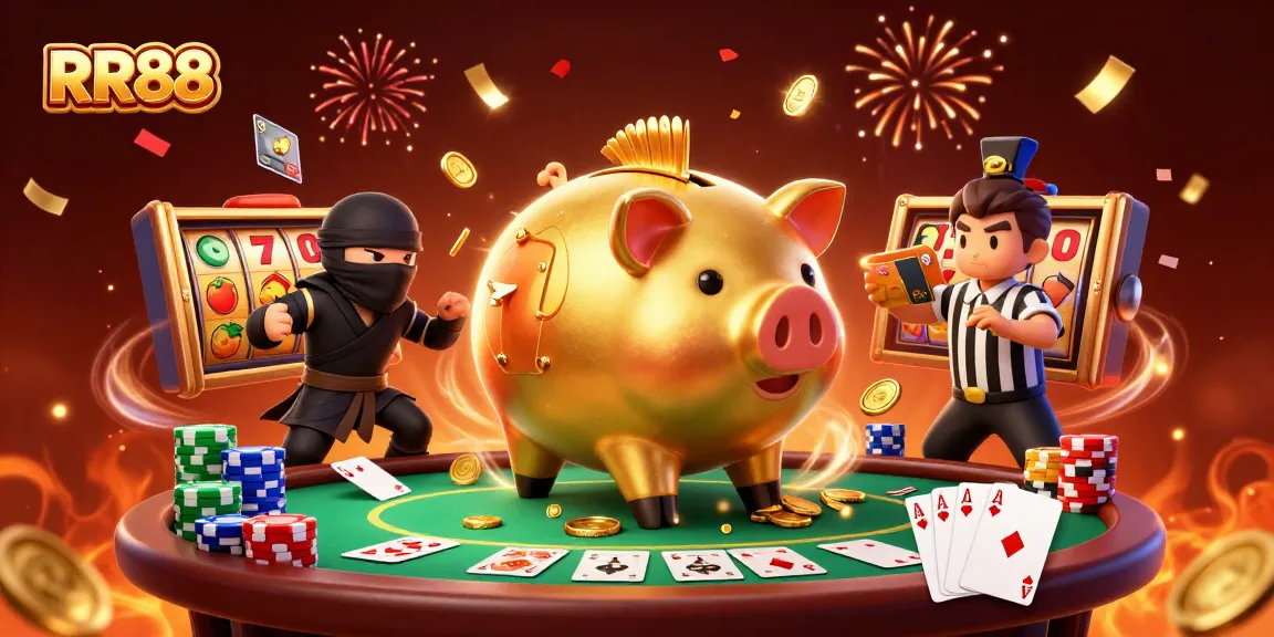 RR88 showcases thrilling gameplay with a golden piggy bank sumo wrestler and casino elements.