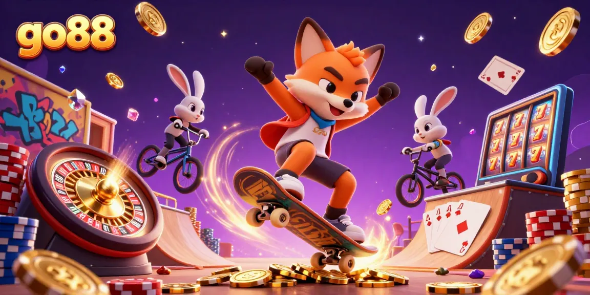Engage with go88's vibrant casino atmosphere through action-packed illustration showcasing winning games and rewards.