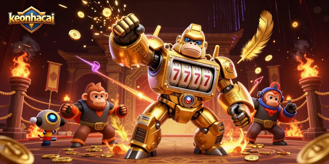 Experience thrilling keonhacai action with a golden gorilla mech slot machine in this high-energy illustration.