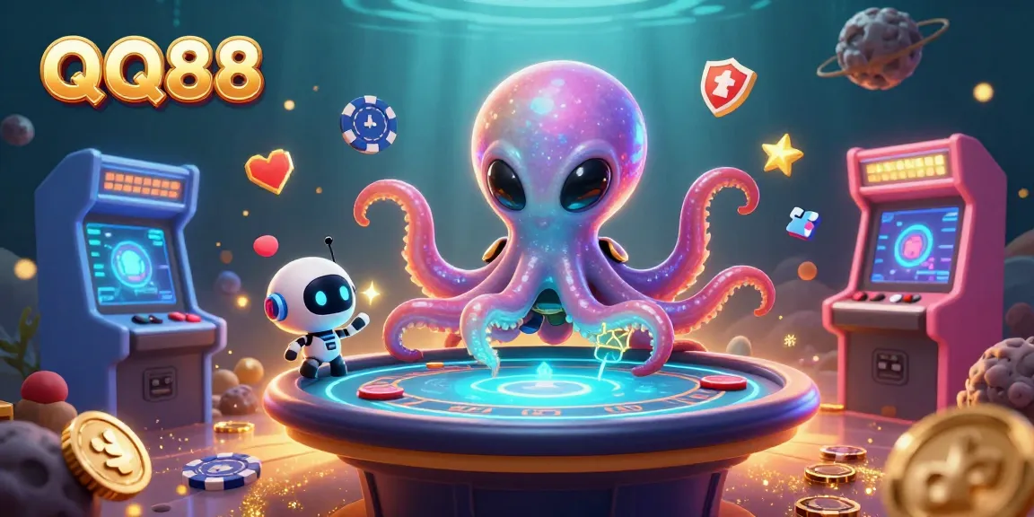 Experience QQ88's vibrant alien gaming scene with a cartoon octopus at a holographic poker table.