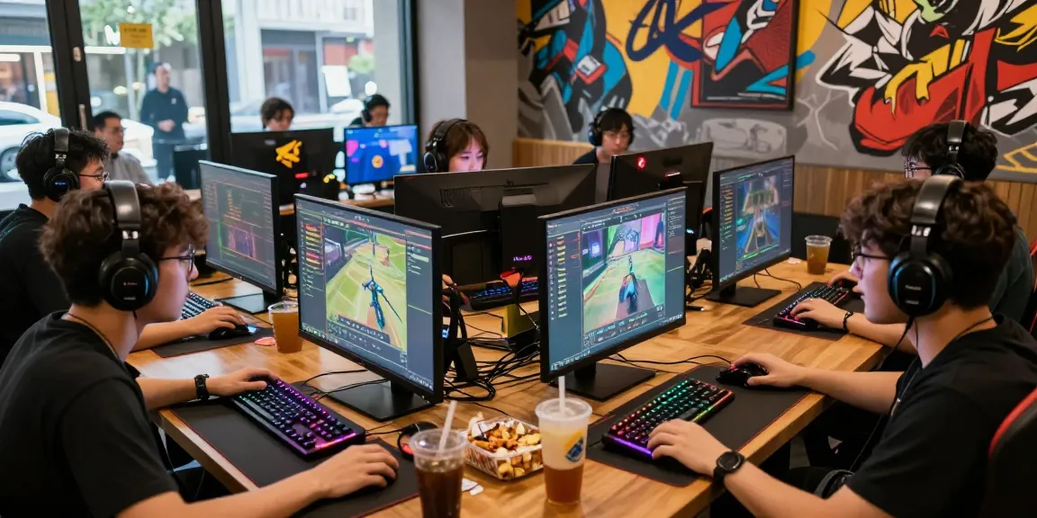 Young adults gaming online at https://sc88.chat/ in a vibrant digital cafe, showcasing competitive atmosphere.