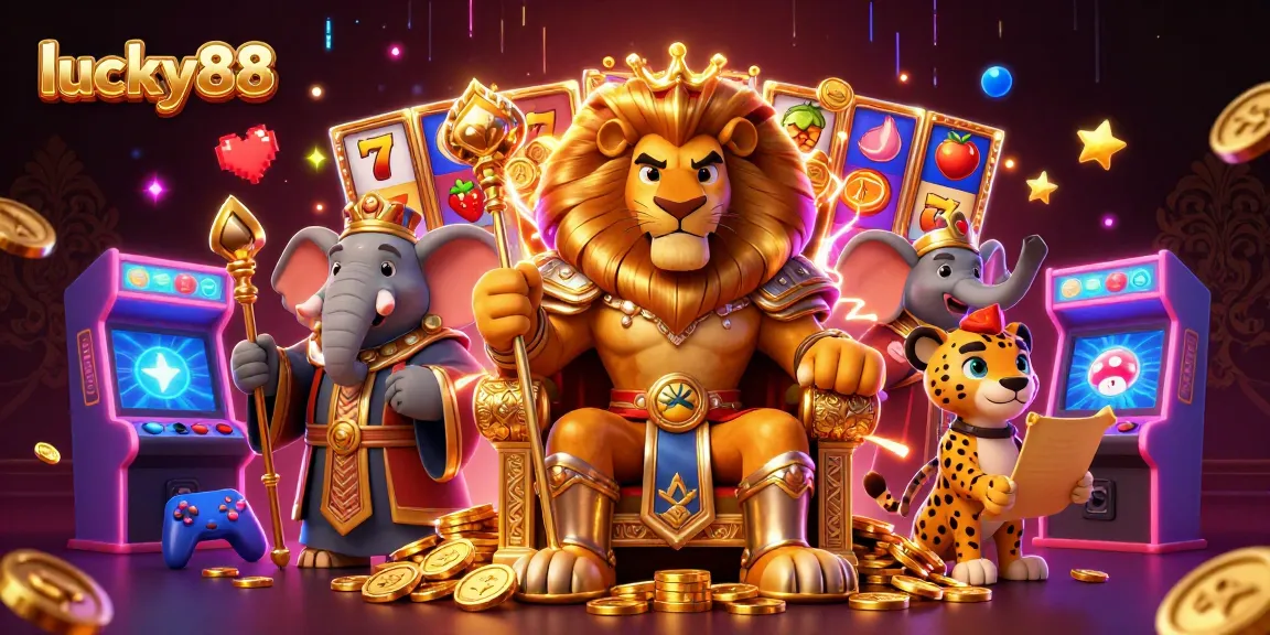 A vibrant scene showcasing lucky88 with a lion king, wise elephant, and swift cheetah amidst slot reels and arcade machines.