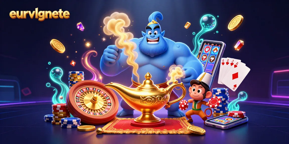 Experience the excitement of eurvlgnete with this vibrant 3D cartoon casino scene featuring a genie, monkey, and poker elements.