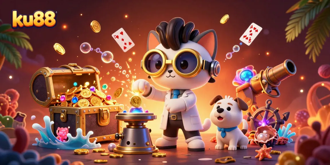 ku88 showcases fun gameplay with a mad scientist cat and assistant surrounded by gold coins