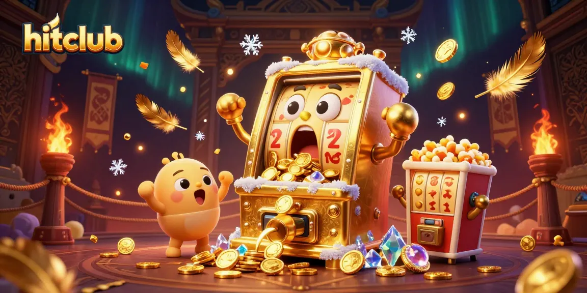 Hitclub slot machine hits jackpot showering coins while cheering baby slots celebrate.
