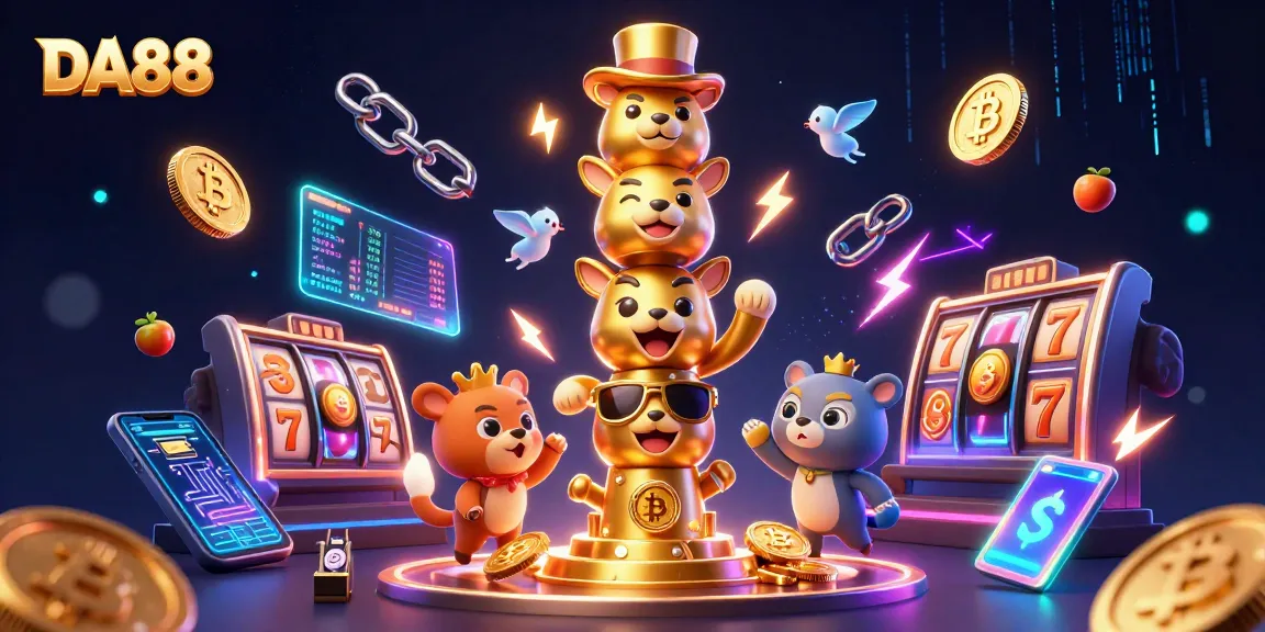 Engage with DA88's thrilling slots adventure featuring a vibrant golden totem-pole and cryptocurrencies.