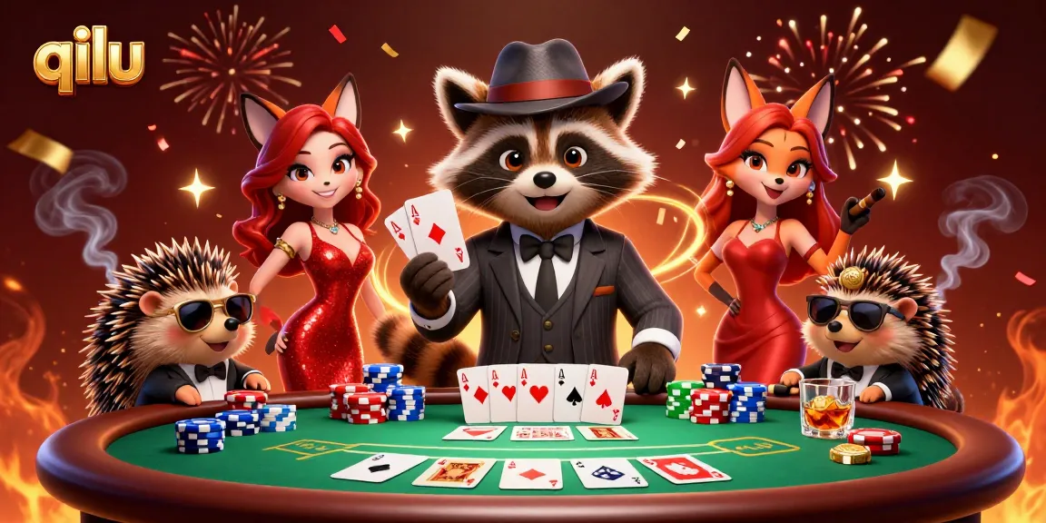 Experience excitement at qilu's poker table with vibrant characters and colorful game elements.