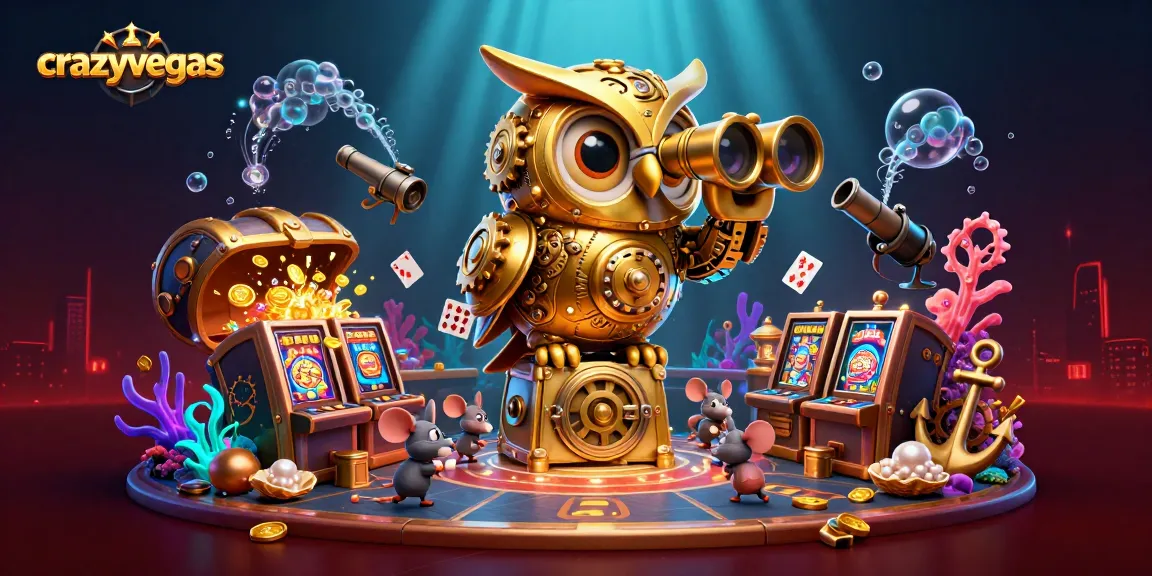 Spin big at crazyvegas with a stunning 3D scene of a clockwork owl and vibrant casino chaos.